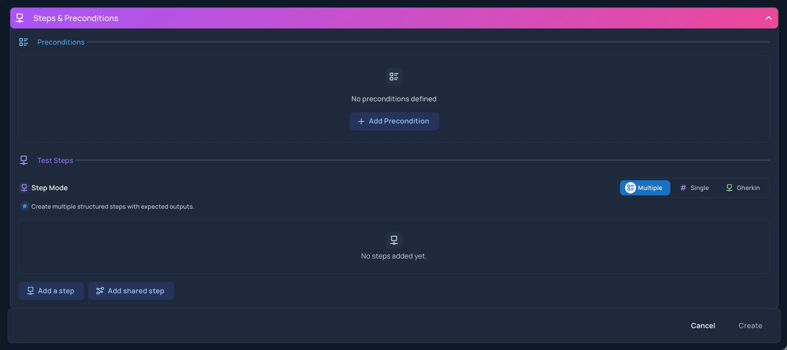 Create Testcase Steps Window