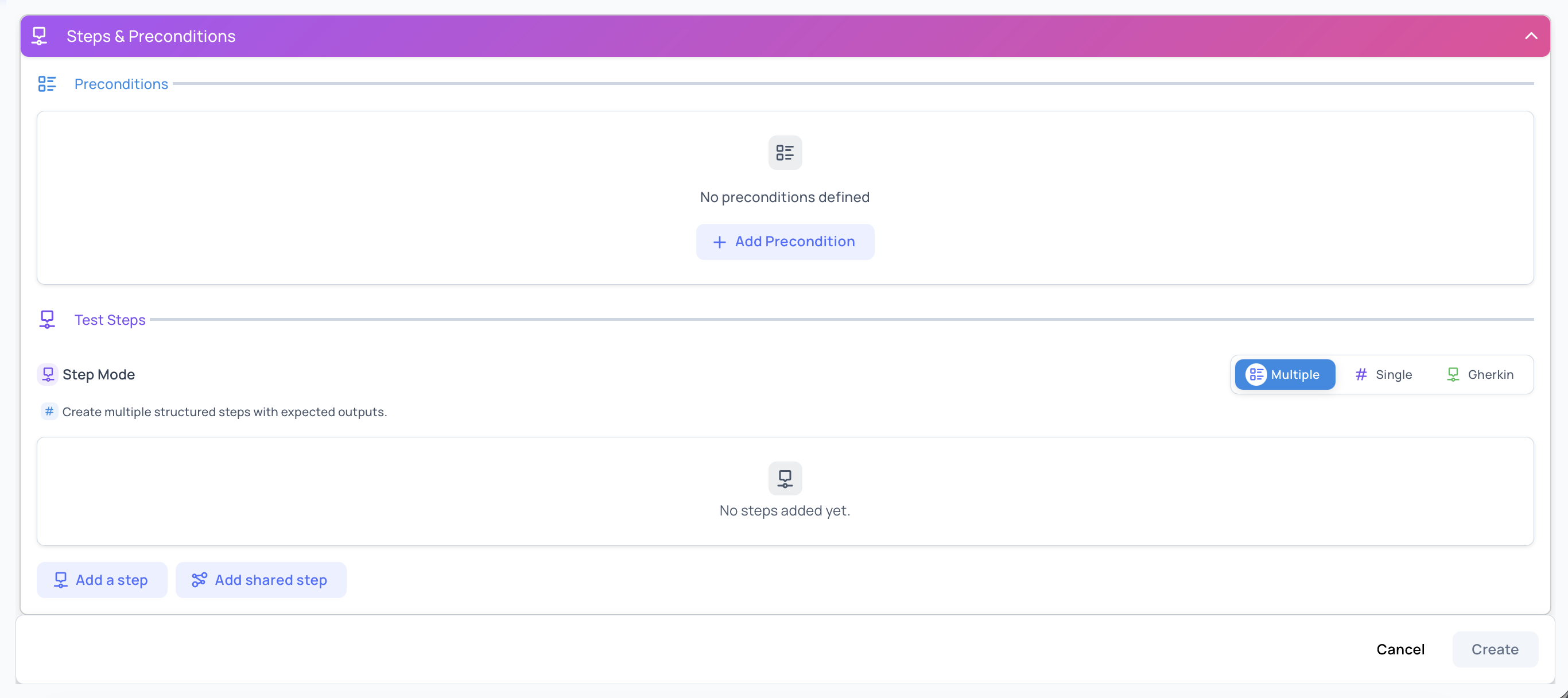 Create Testcase Steps Dialog