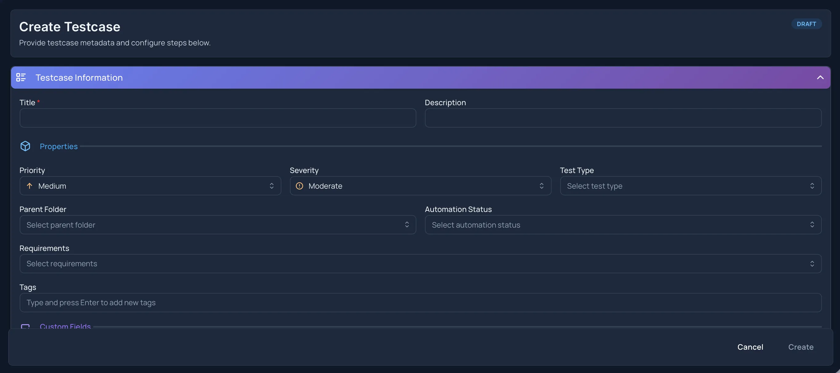 Create Testcase Window