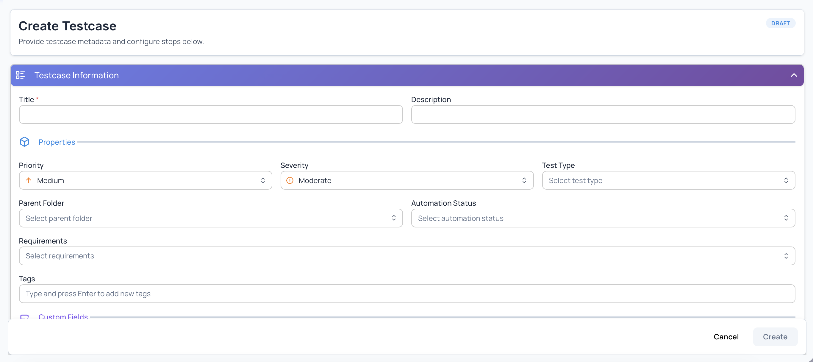 Create Testcase Dialog