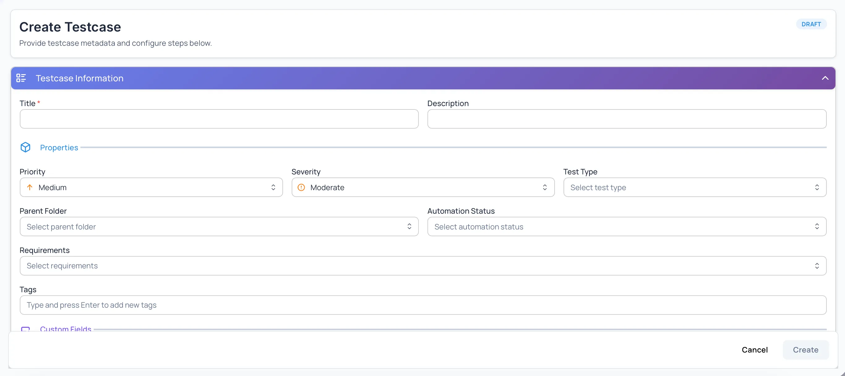 Create Testcase Window