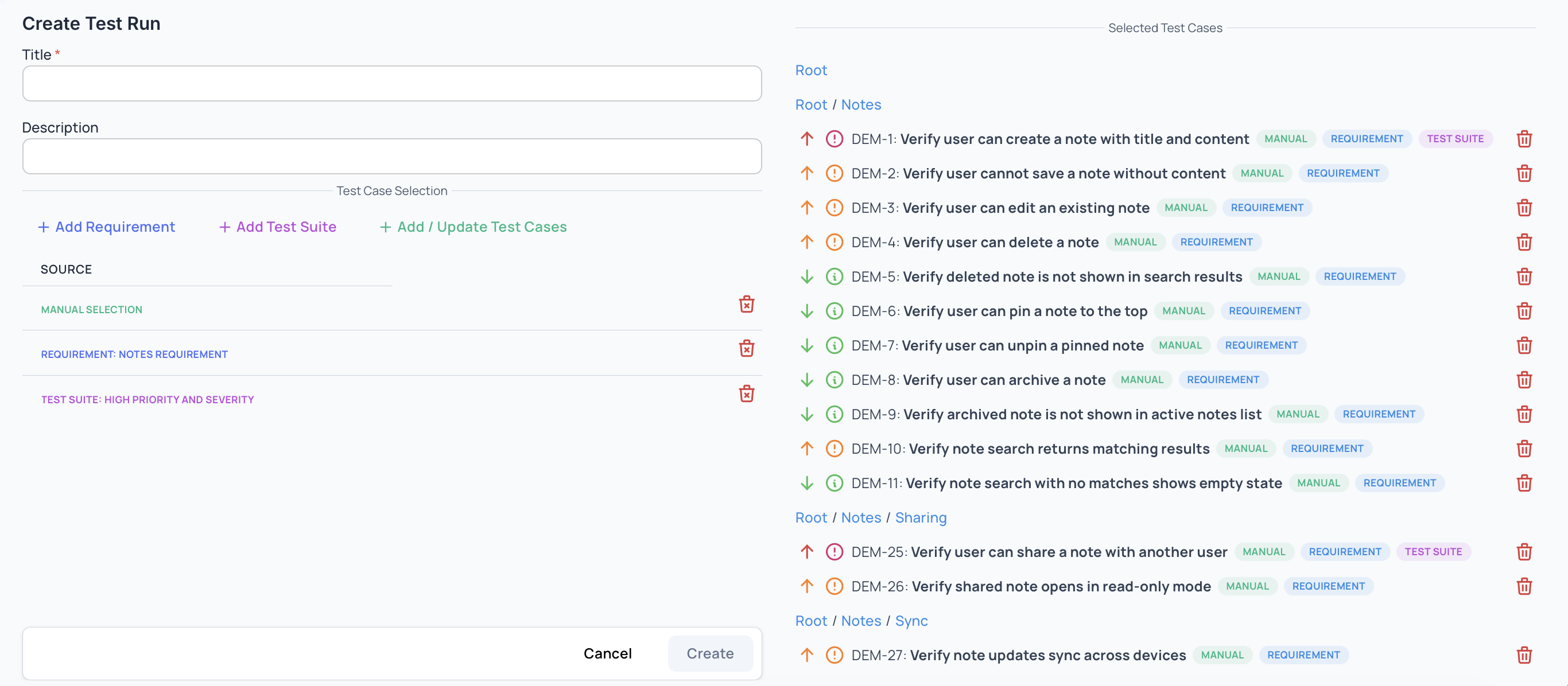 Create Testrun with Testcases